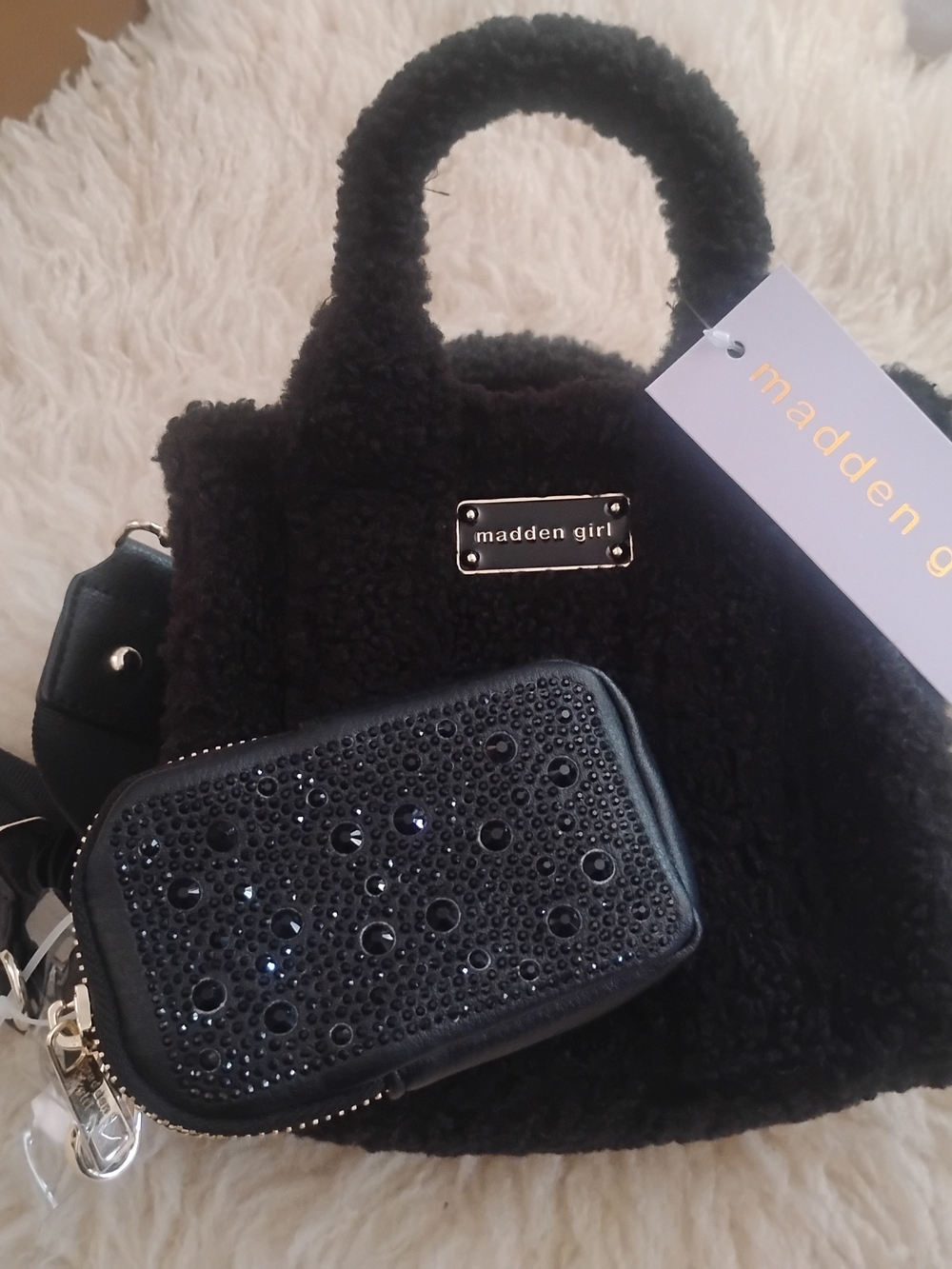 Madden Girl Black Faux-Sherpa Mini Tote
